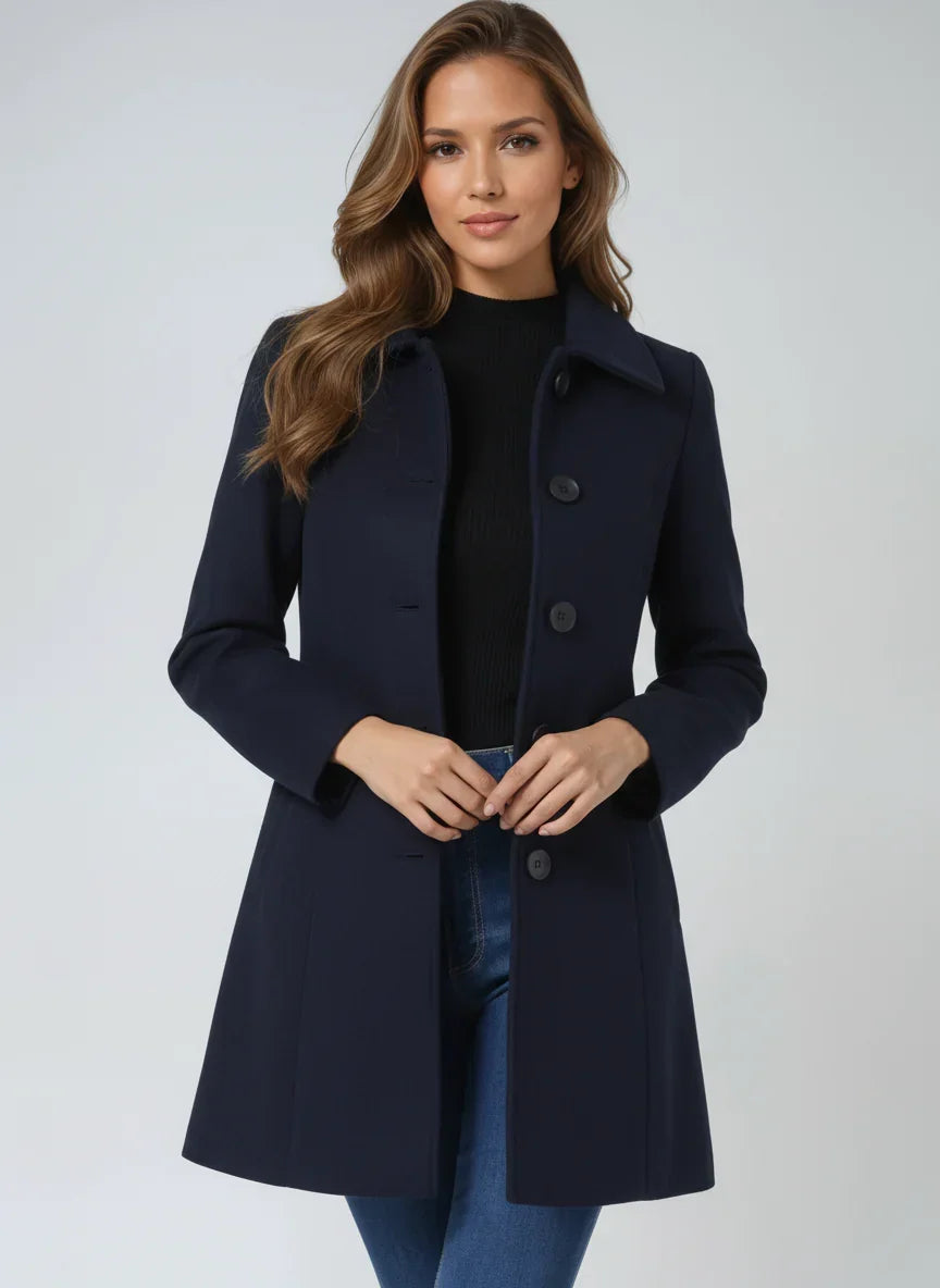 Women's A-Line Coat with Satin Lining, Dark Blue, view 3