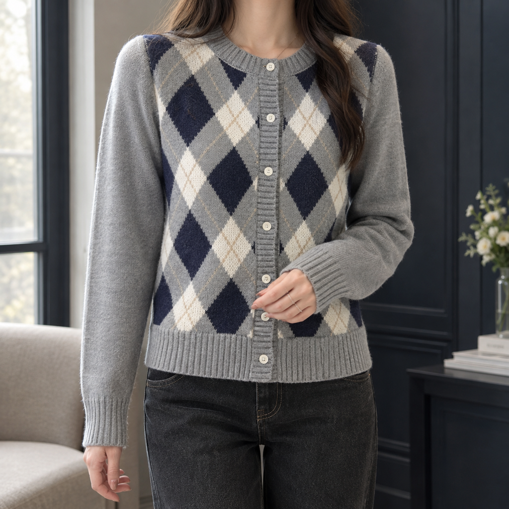 Women's Argyle Cardigan with Round Neck and Cream Buttons, Grey, view 1