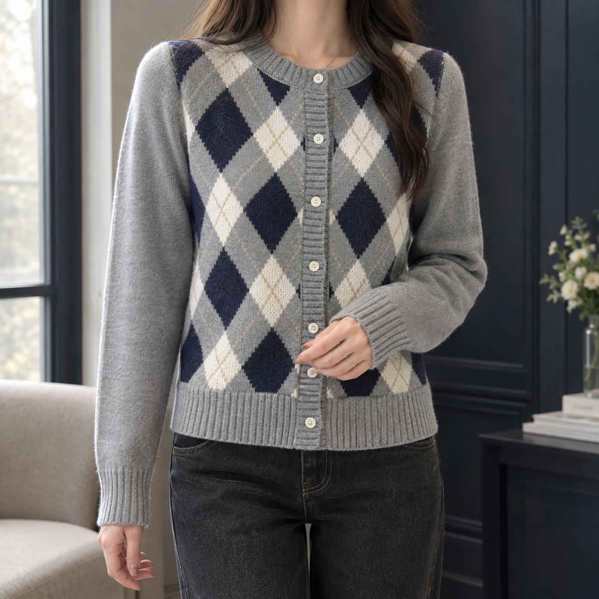 Women's Argyle Cardigan with Round Neck and Cream Buttons, Grey, view 1
