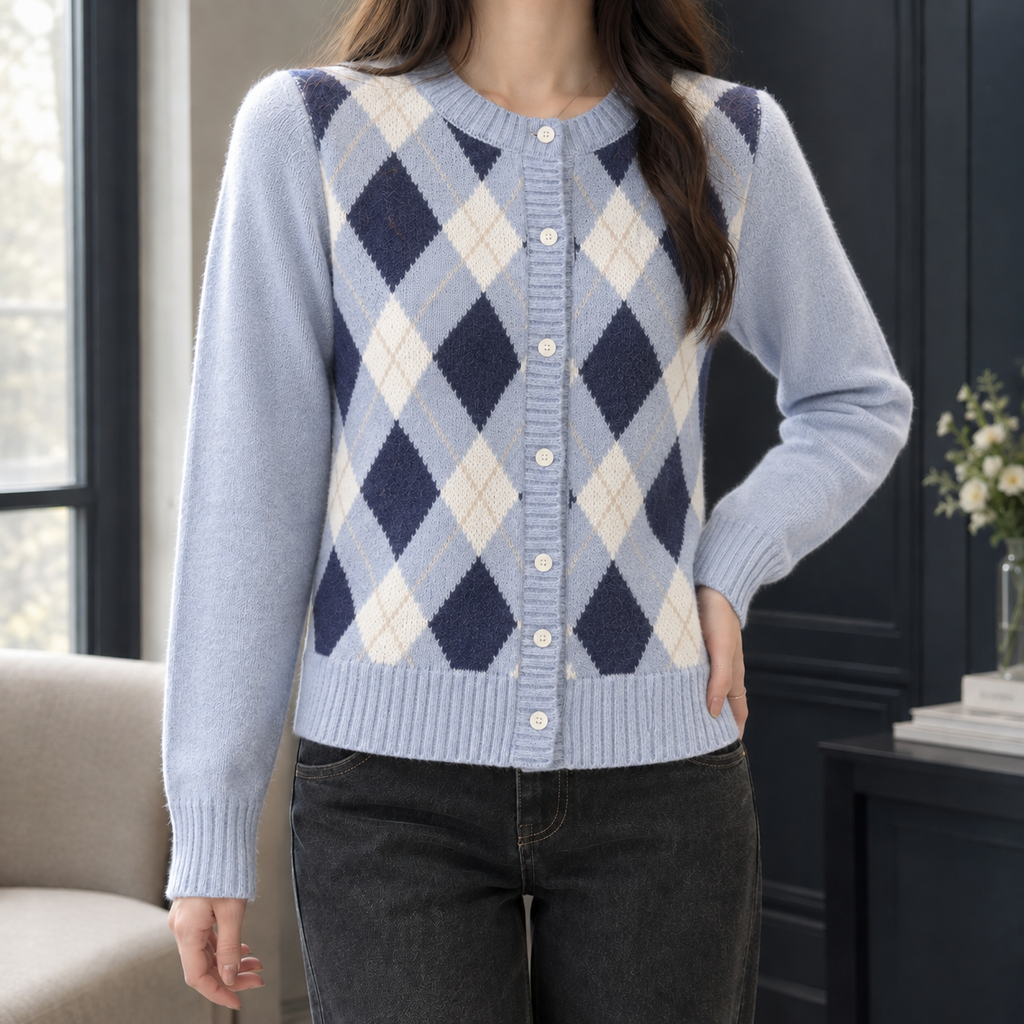 Women's Argyle Cardigan with Round Neck and Cream Buttons, Blue, view 3