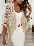 Women's Beige Open-Knit Cardigan with Wide Sleeves and Crochet Detail, Beige, view 1