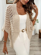 Women's Beige Open-Knit Cardigan with Wide Sleeves and Crochet Detail, Beige, view 1