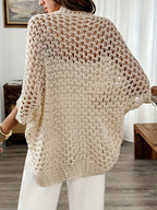 Women's Beige Open-Knit Cardigan with Wide Sleeves and Crochet Detail, view 3