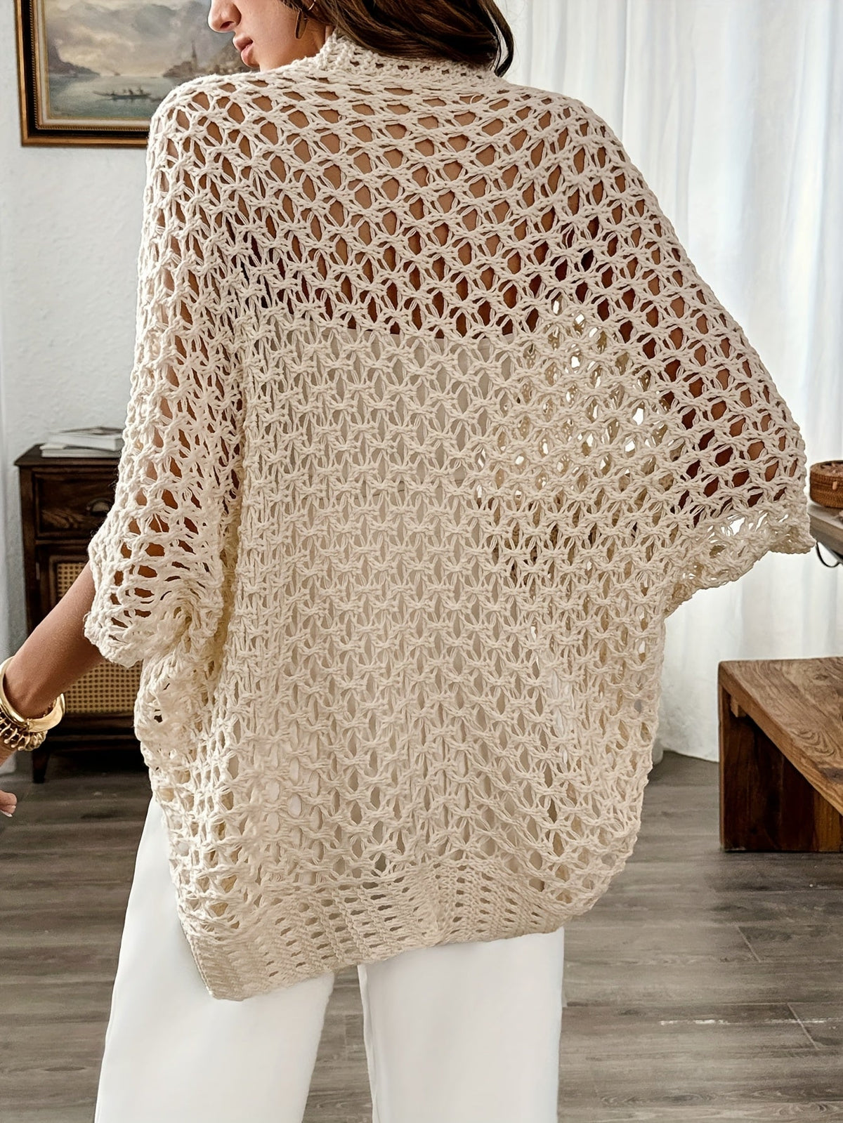 Women's Beige Open-Knit Cardigan with Wide Sleeves and Crochet Detail, view 3