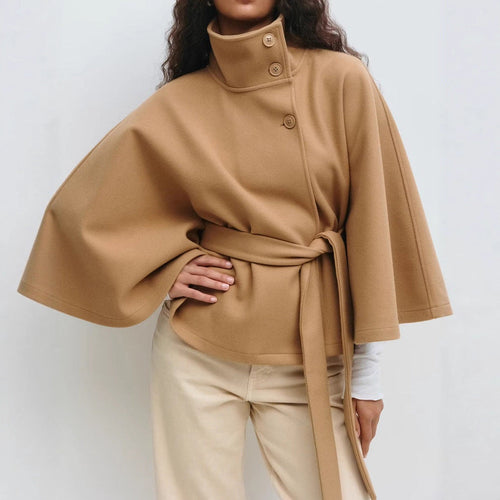 Women's Belted Cape Coat with Stand Collar, Khaki, view 1