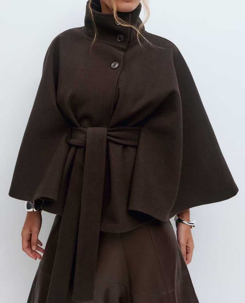 Women's Belted Cape Coat with Stand Collar, Brown, view 2