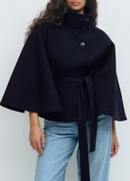 Women's Belted Cape Coat with Stand Collar, Navy Blue, view 3