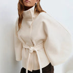 Women's Belted Cape Coat with Stand Collar, White, view 4