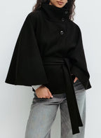 Women's Belted Cape Coat with Stand Collar, Black, view 5