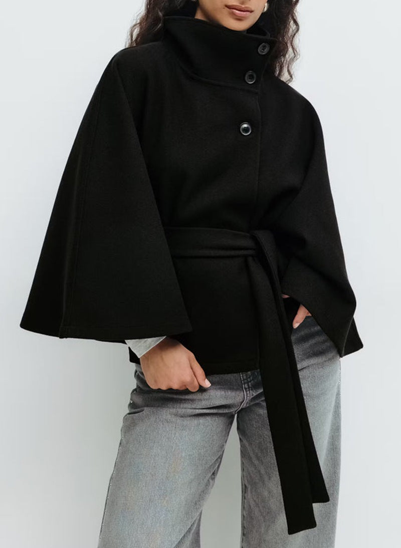 Women's Belted Cape Coat with Stand Collar, Black, view 5