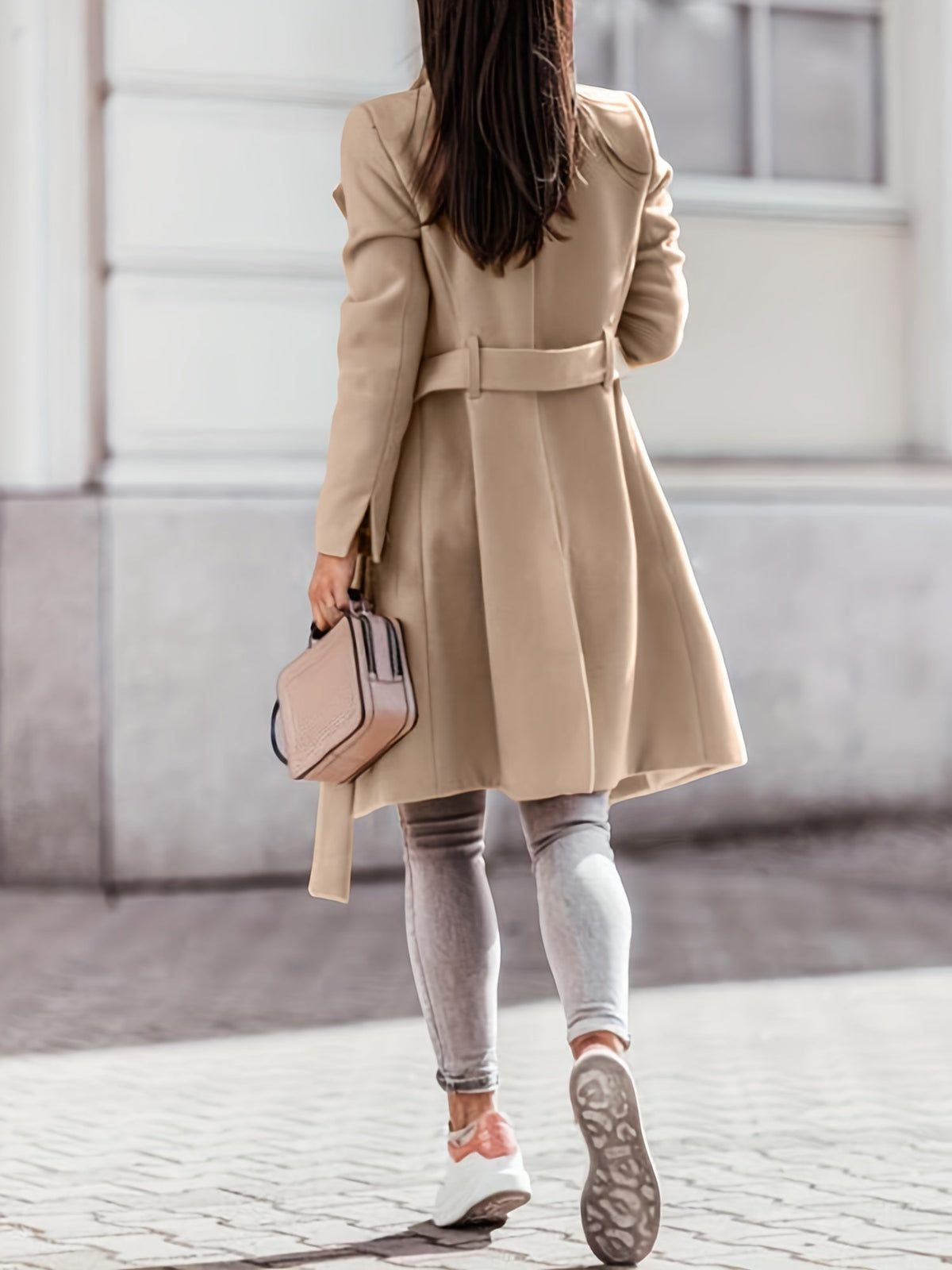 Women's Belted Coat with Wide Collar and Shaped Waist, view 2