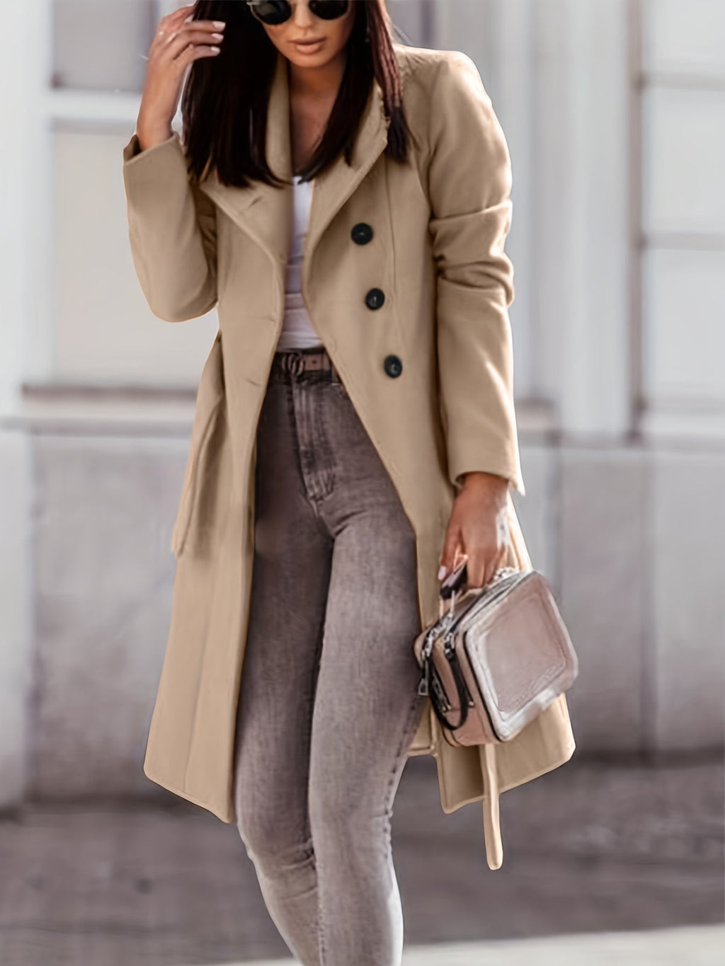 Women's Belted Coat with Wide Collar and Shaped Waist, view 3