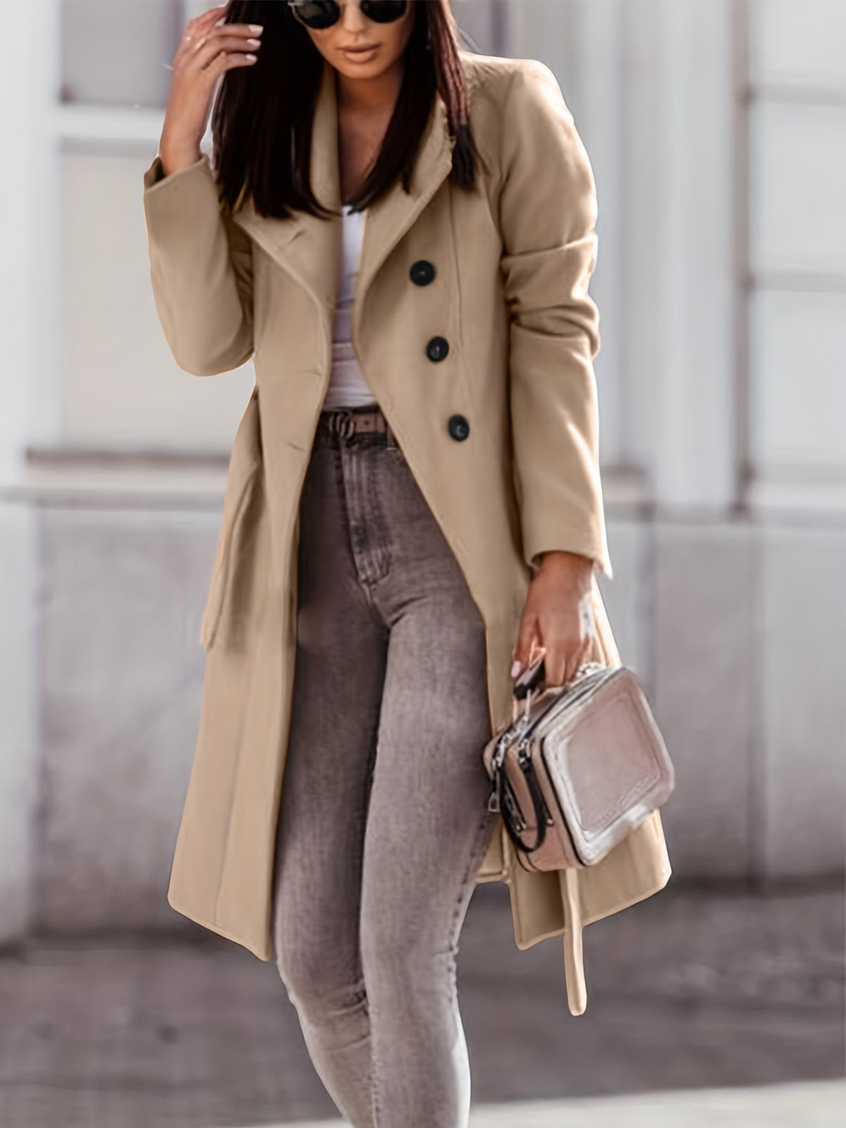 Women's Belted Coat with Wide Collar and Shaped Waist, view 3