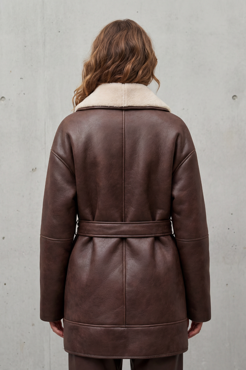 Women's Belted Faux-Leather Coat with Sherpa Trim, view 2