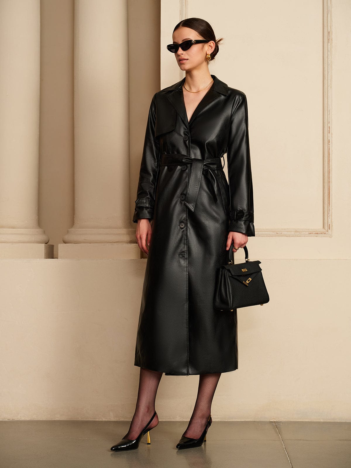 Women's Belted Faux-Leather Trench Coat, Black, view 1