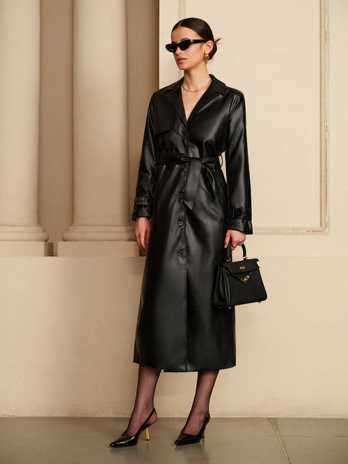 Women's Belted Faux-Leather Trench Coat, Black, view 1
