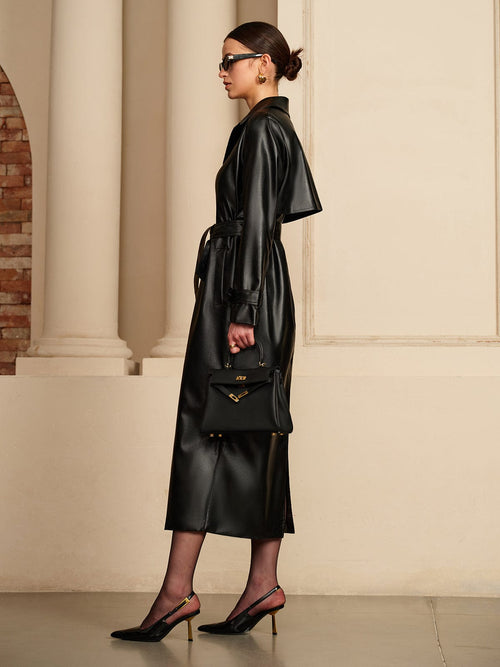 Women's Belted Faux-Leather Trench Coat, view 2