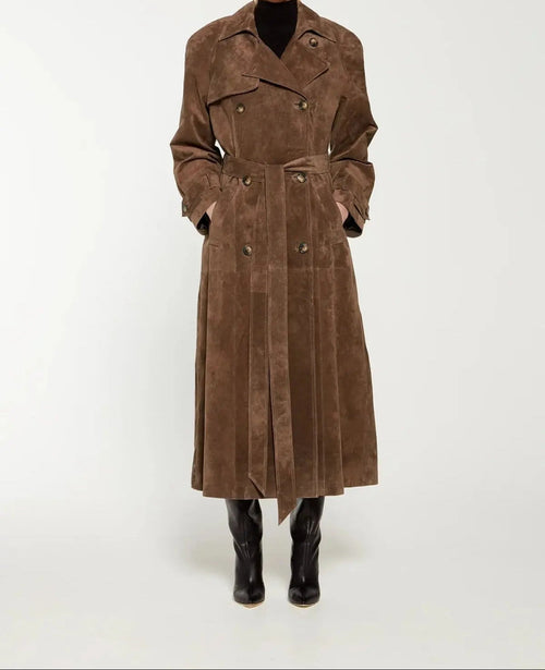 Women's Belted Faux-Suede Trench Coat, Brown, view 1