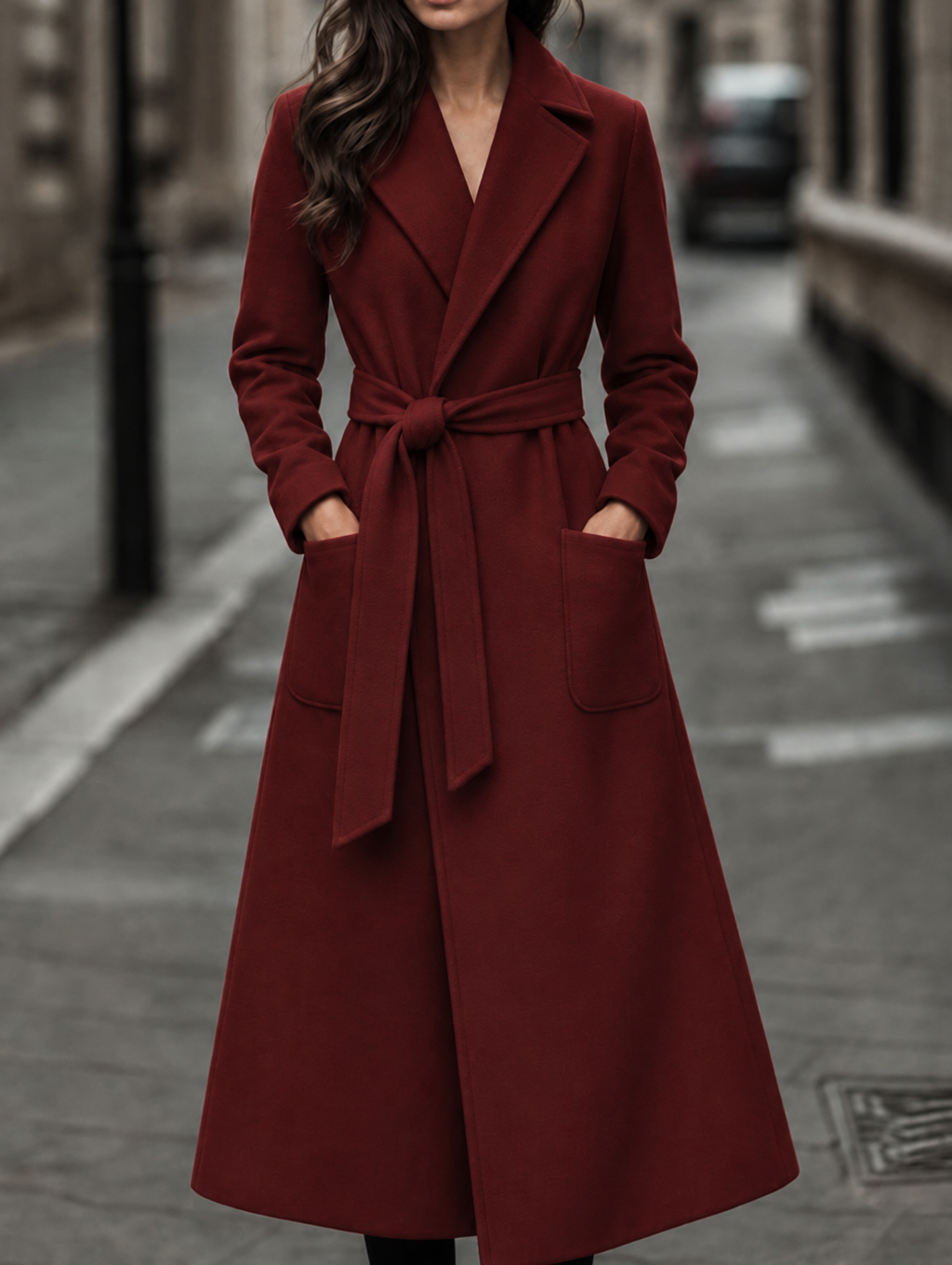 Women's Belted Maxi Coat with Patch Pockets, Red, view 1