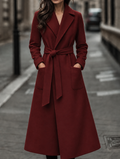 Women's Belted Maxi Coat with Patch Pockets, Red, view 1