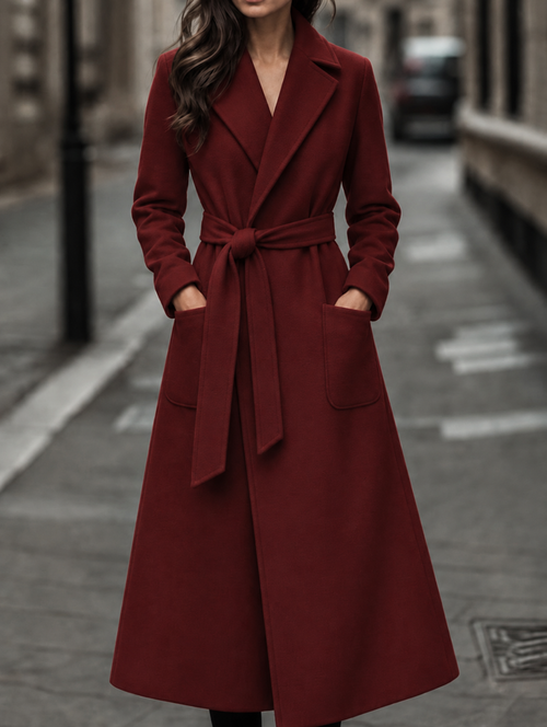 Women's Belted Maxi Coat with Patch Pockets, Red, view 1
