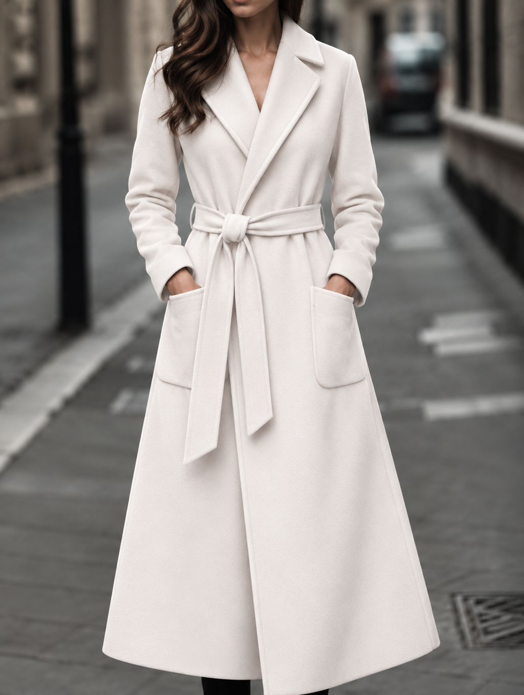 Women's Belted Maxi Coat with Patch Pockets, White, view 2