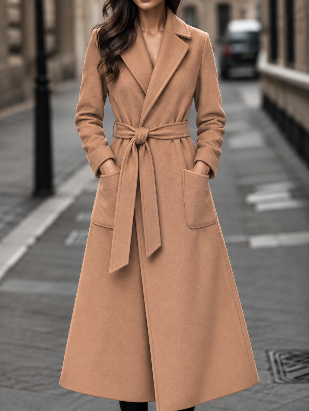 Women's Belted Maxi Coat with Patch Pockets, Beige, view 3