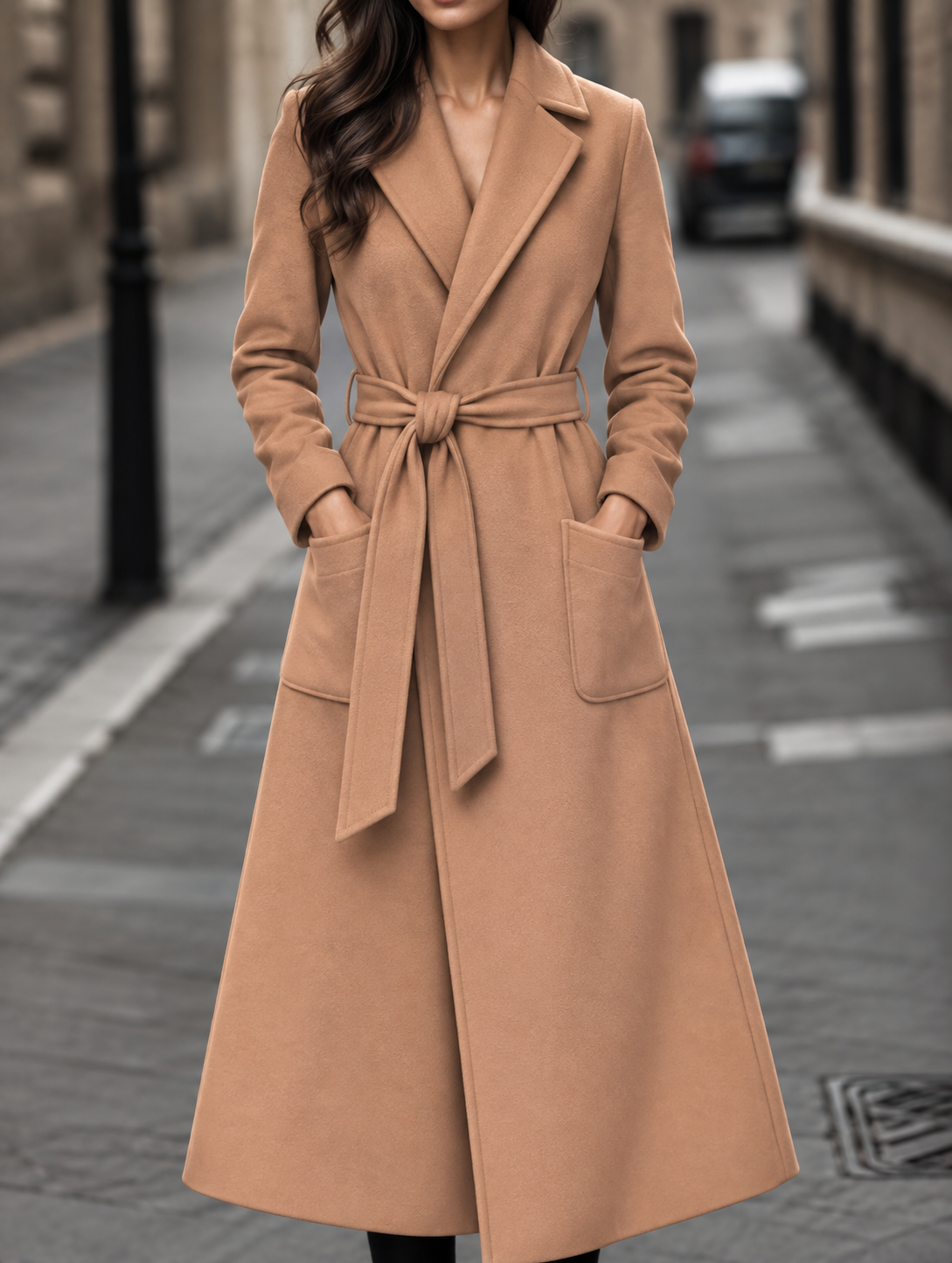 Women's Belted Maxi Coat with Patch Pockets, Beige, view 3