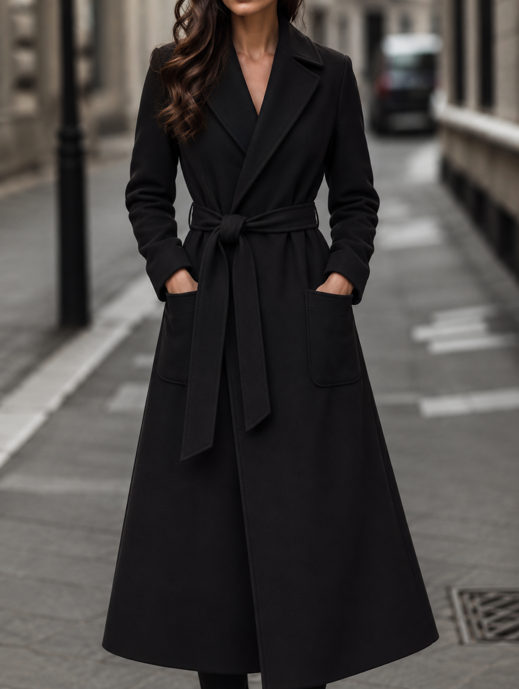 Women's Belted Maxi Coat with Patch Pockets, Black, view 4