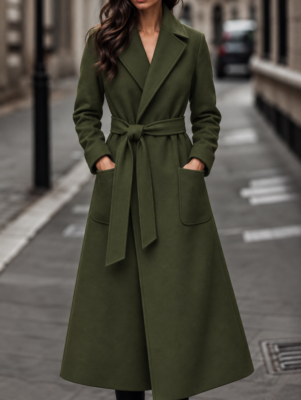 Women's Belted Maxi Coat with Patch Pockets, Green, view 6