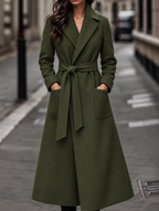 Women's Belted Maxi Coat with Patch Pockets, Green, view 6