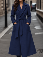 Women's Belted Maxi Coat with Patch Pockets, Blue, view 7