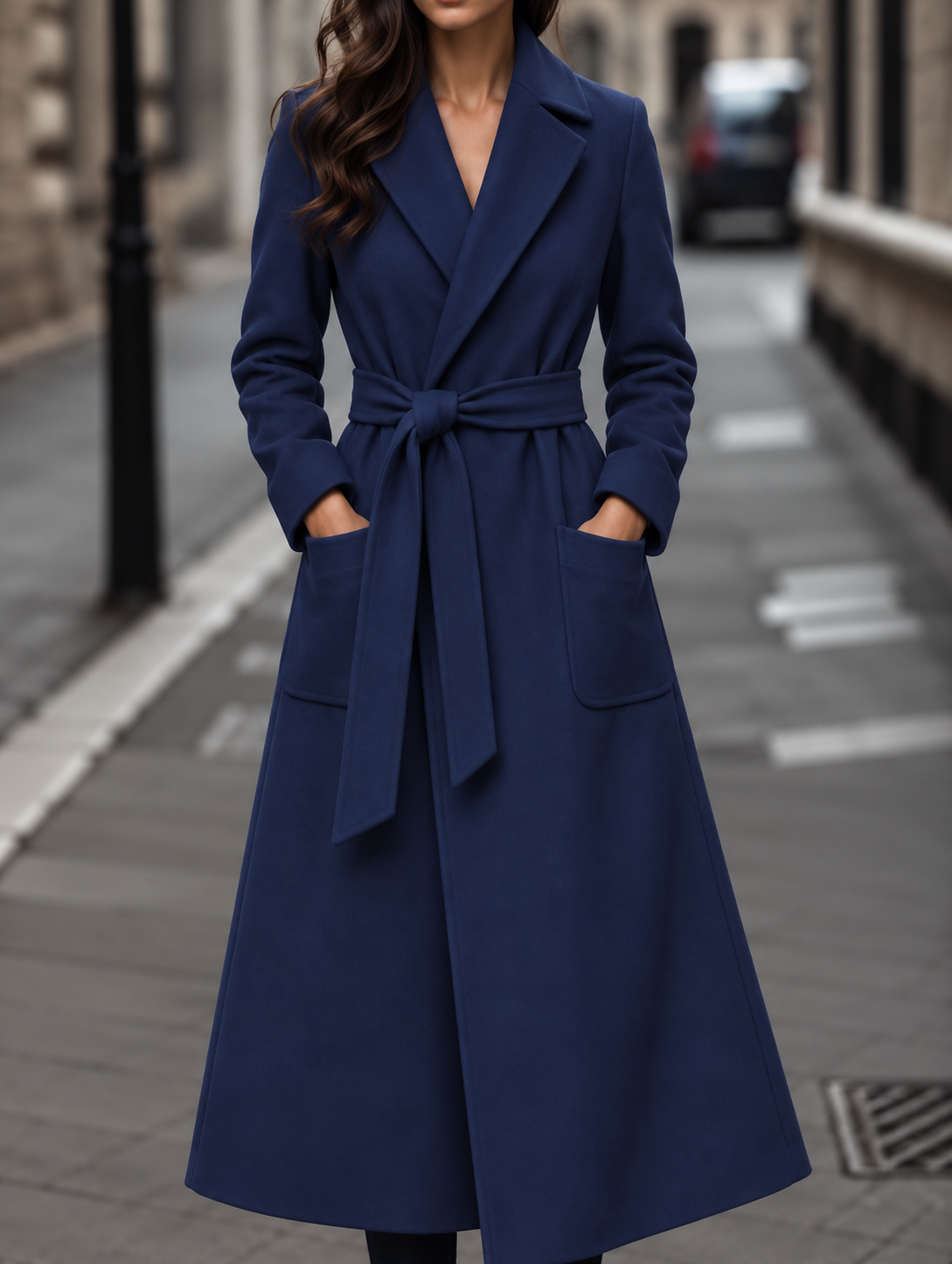 Women's Belted Maxi Coat with Patch Pockets, Blue, view 7