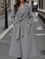 Women's Belted Maxi Coat with Patch Pockets, Grey, view 8