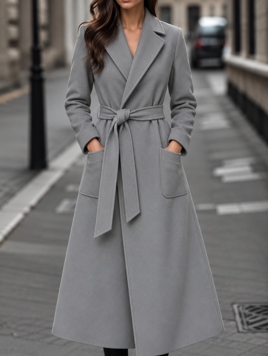 Women's Belted Maxi Coat with Patch Pockets, Grey, view 8