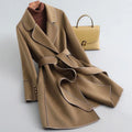 Women's Belted Wool-Blend Coat with Contrast Piping, Brown, view 1