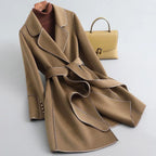 Women's Belted Wool-Blend Coat with Contrast Piping, Brown, view 1