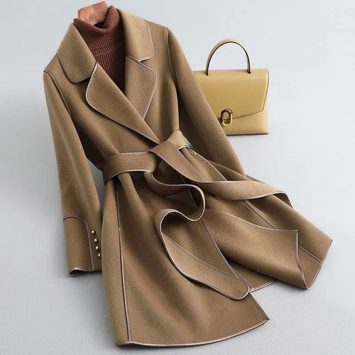 Women's Belted Wool-Blend Coat with Contrast Piping, Brown, view 1