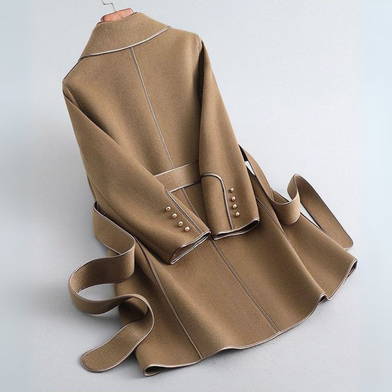 Women's Belted Wool-Blend Coat with Contrast Piping, view 2