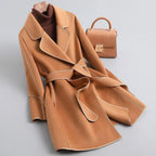 Women's Belted Wool-Blend Coat with Contrast Piping, Orange, view 3