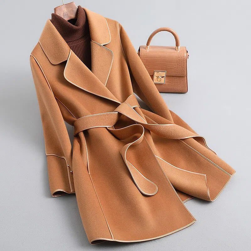 Women's Belted Wool-Blend Coat with Contrast Piping, Orange, view 3