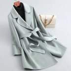 Women's Belted Wool-Blend Coat with Contrast Piping, Mint Green, view 4