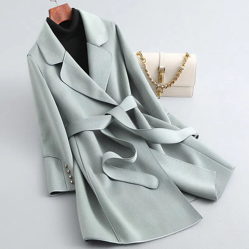 Women's Belted Wool-Blend Coat with Contrast Piping, Mint Green, view 4