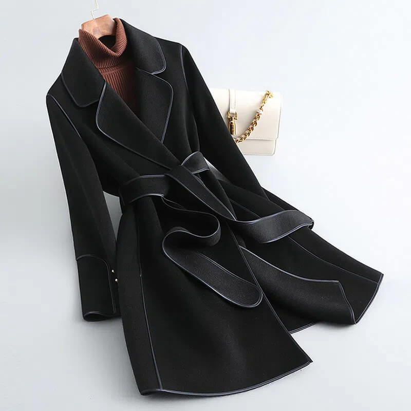 Women's Belted Wool-Blend Coat with Contrast Piping, Black, view 5