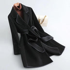 Women's Belted Wool-Blend Coat with Contrast Piping, Black, view 5