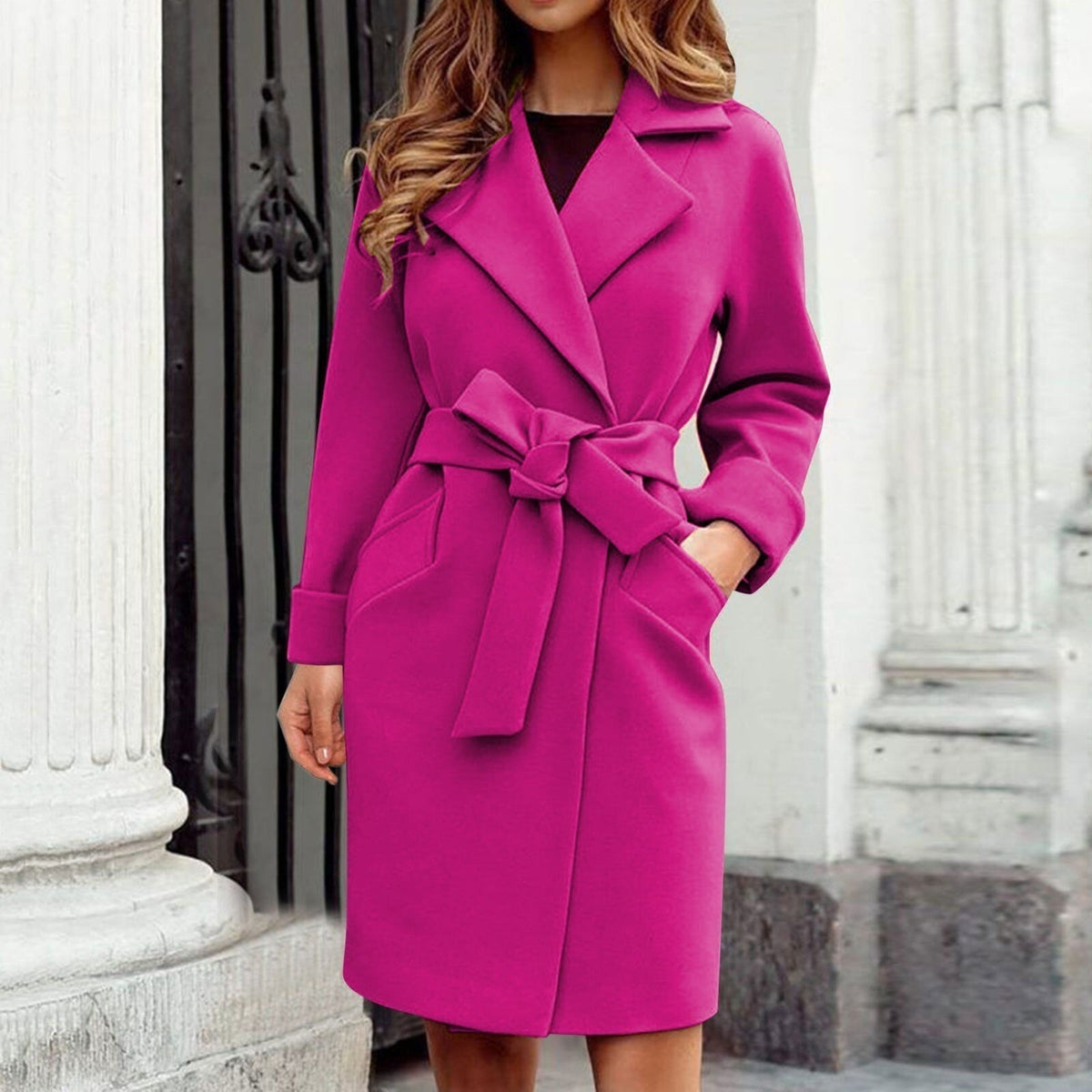 Women's Belted Wrap Coat with Bow-Tie Waist, Pink, view 4