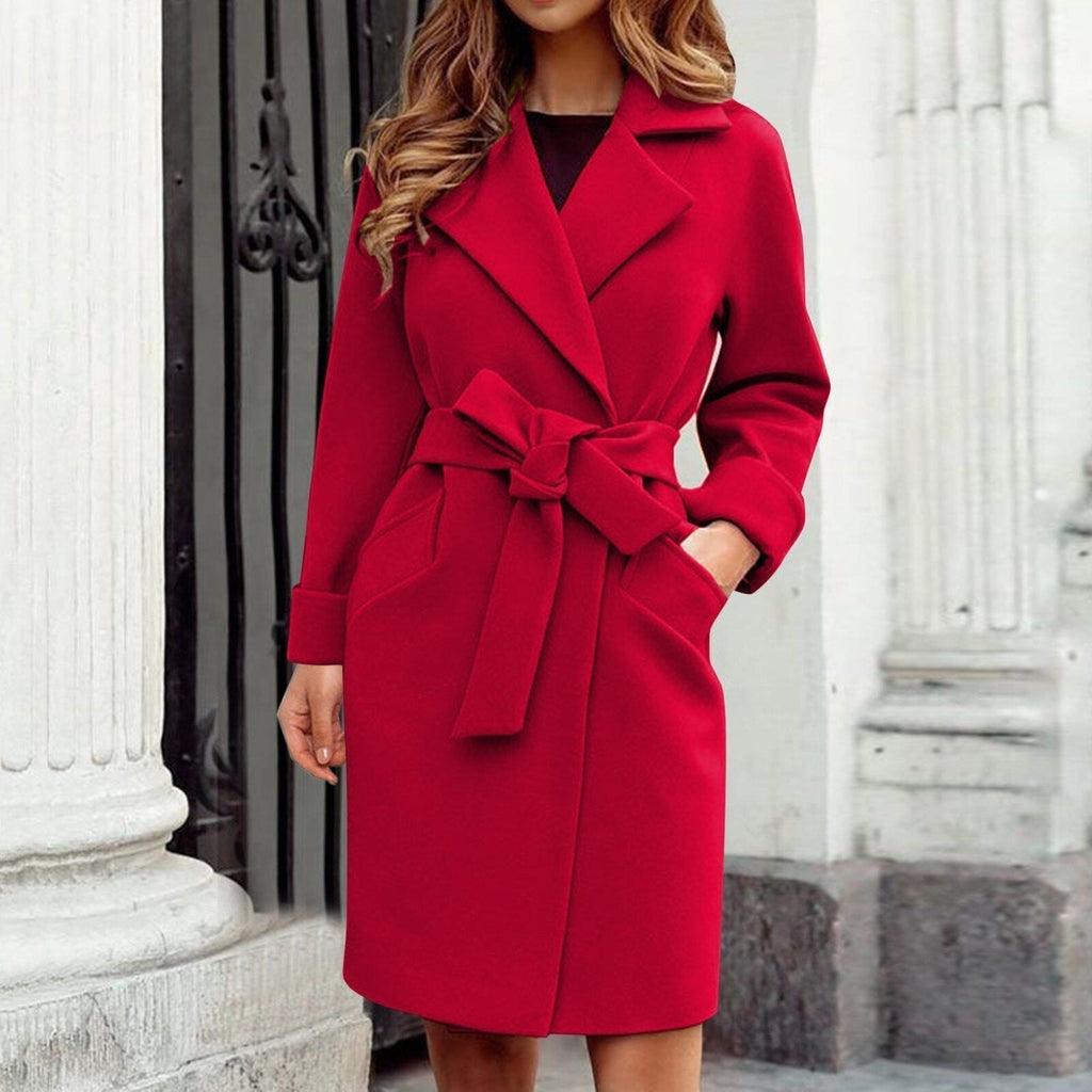 Women's Belted Wrap Coat with Bow-Tie Waist, Red, view 7