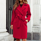 Women's Belted Wrap Coat with Bow-Tie Waist, Red, view 7