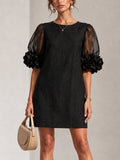 Women's Black Mini Dress with Sheer Floral Cuffs, Black, view 1