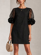 Women's Black Mini Dress with Sheer Floral Cuffs, Black, view 1